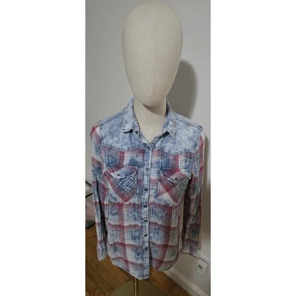 Pull & Bear Women's Small Plaid Western Button Up Flannel Lined Shirt Top Denim - Picture 6 of 16
